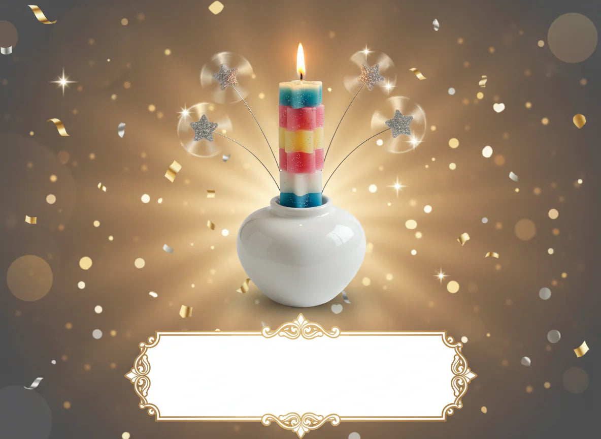 Spinning star  candle with beautifully stacked colorful stars on  white vase with a gold glitter background